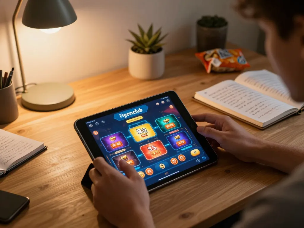 Ngonclub user engaging in online gaming on a tablet, showcasing vibrant casino game graphics.