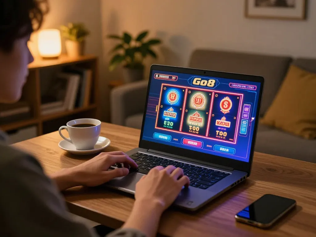 Engaging in Go8 online gaming at home while enjoying a cozy setup with slots visible.