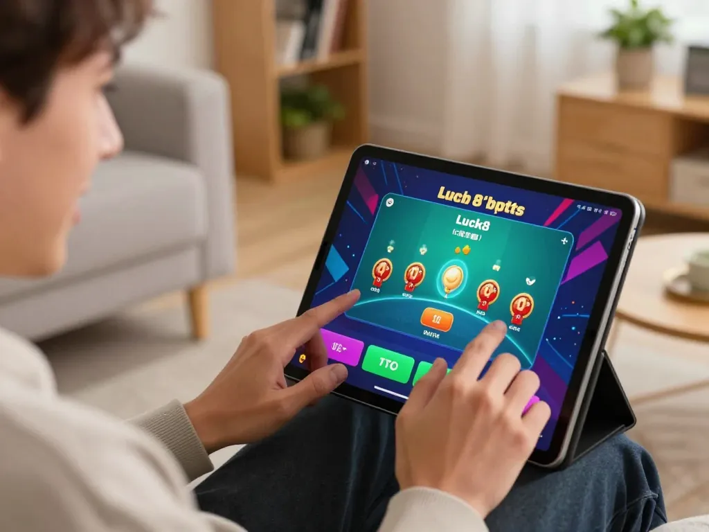 Player engaging with the Luck8 app, enjoying an online blackjack game in a cozy home environment