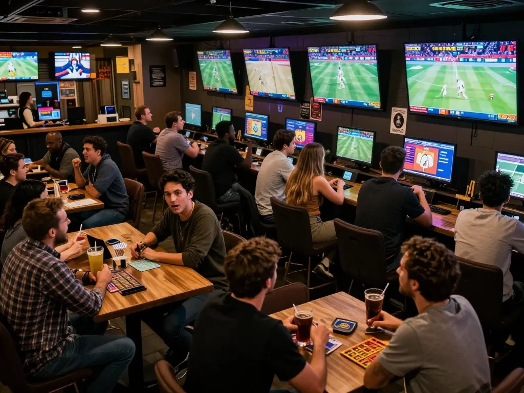 Sports bettors enjoying live action and betting on 1gom at a vibrant sports bar.