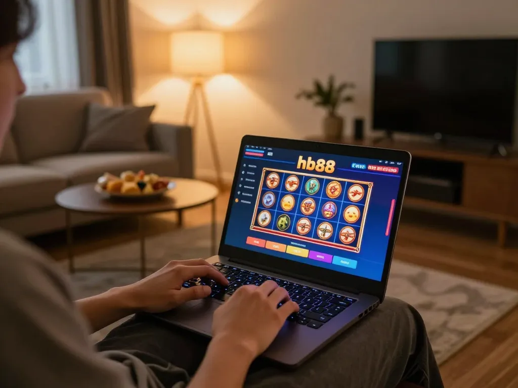 Enjoying an hb88 free gaming experience on a laptop at home amid cozy surroundings