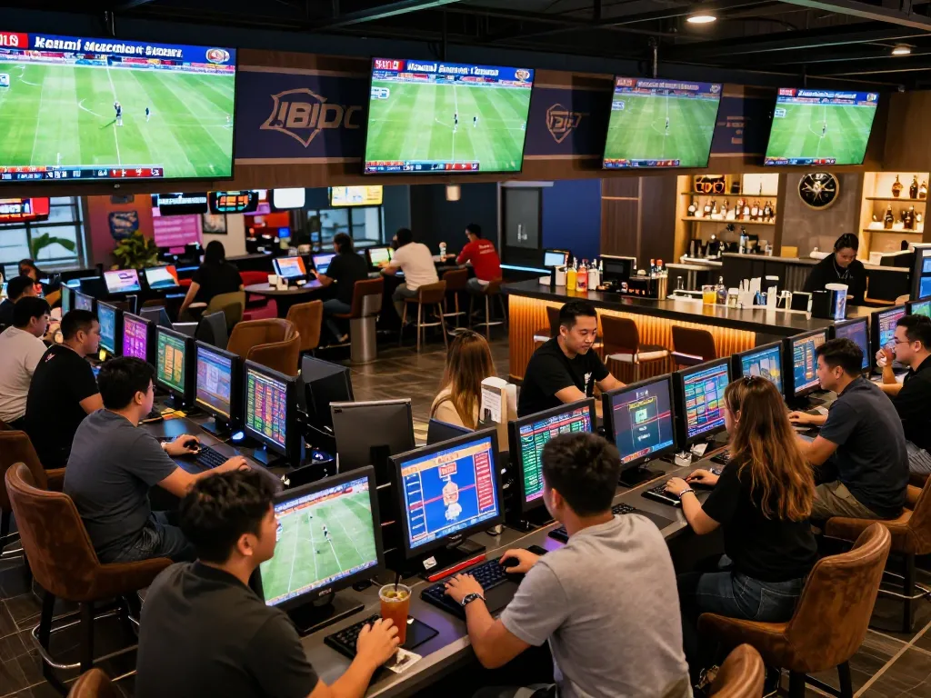 Engaged bettors analyze odds and place bets at keonhacaii88's vibrant sports betting lounge