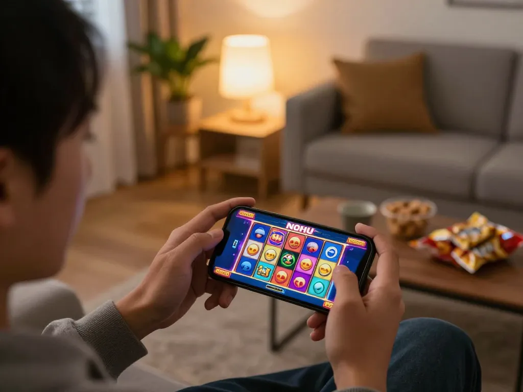 Engaged player using NOHU app on smartphone in cozy living room during mobile gambling