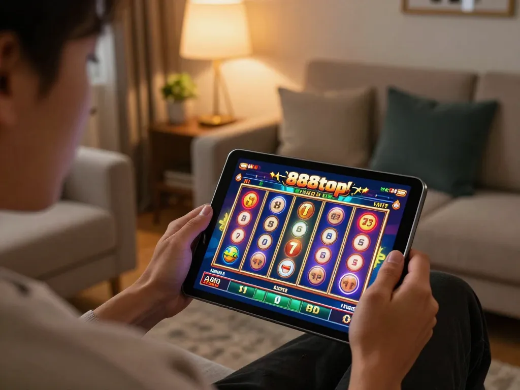 Player enjoying an exciting moment on the 888top app, spinning reels on a stylish tablet in a cozy home.