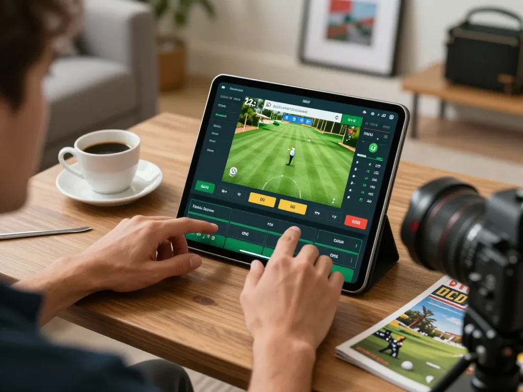 Kkwin users engaging in live golf betting on a tablet while enjoying a cozy home environment.
