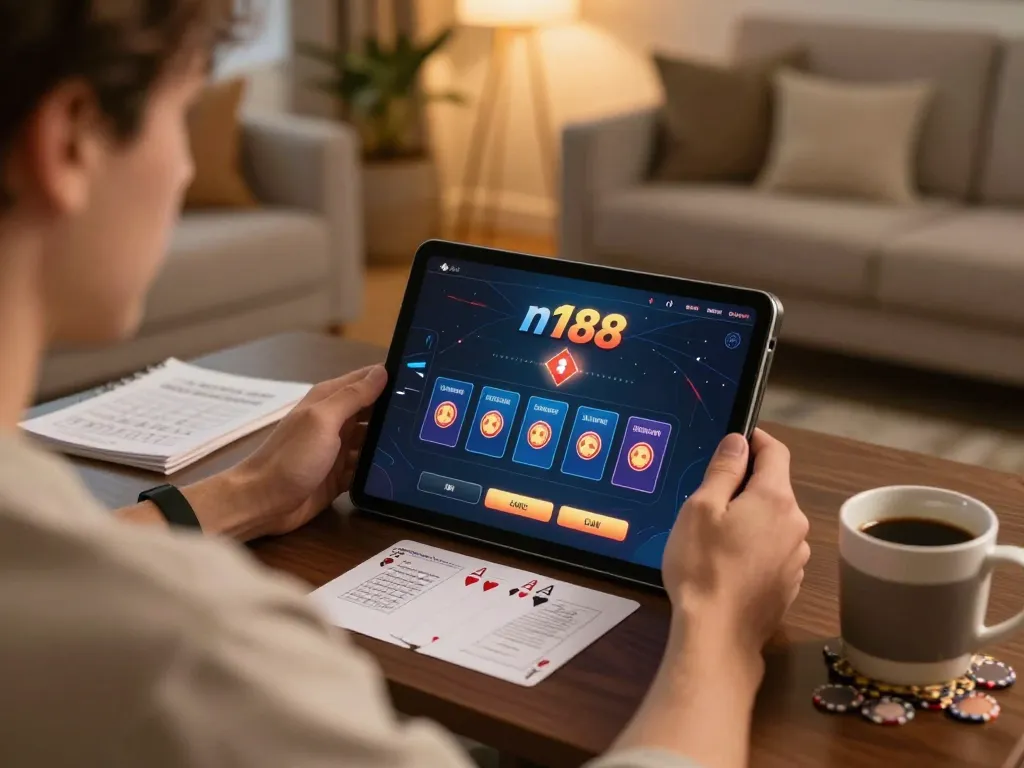 Player enjoying n188 online poker in cozy home setting, focusing on strategy notes and tablet screen