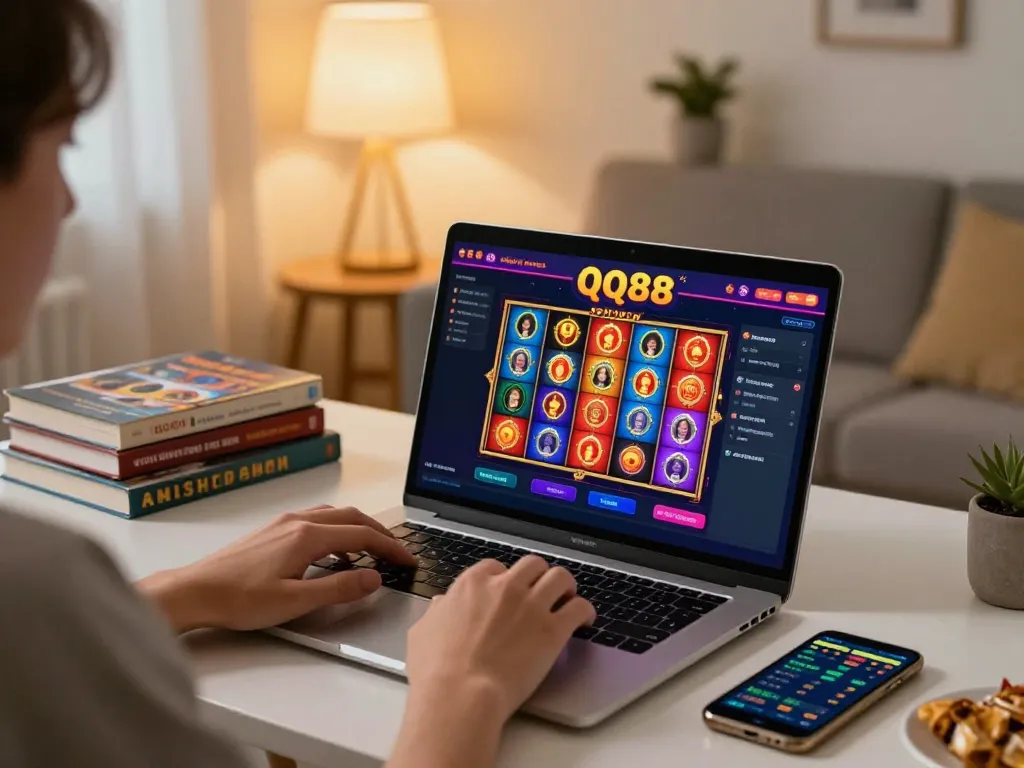 Engaged player enjoys qq88 online slot gaming at home, reflects responsible gambling practices and a dynamic environment.
