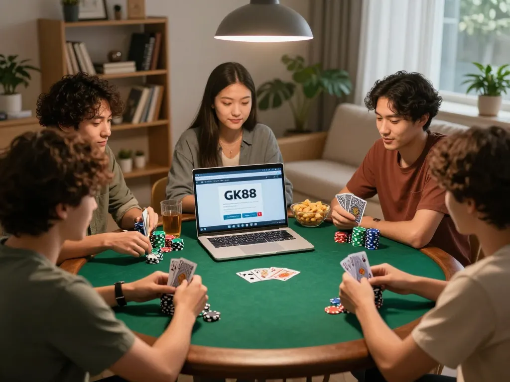 Friends enjoying a poker night using the GK88 link vào platform with snacks and drinks around.
