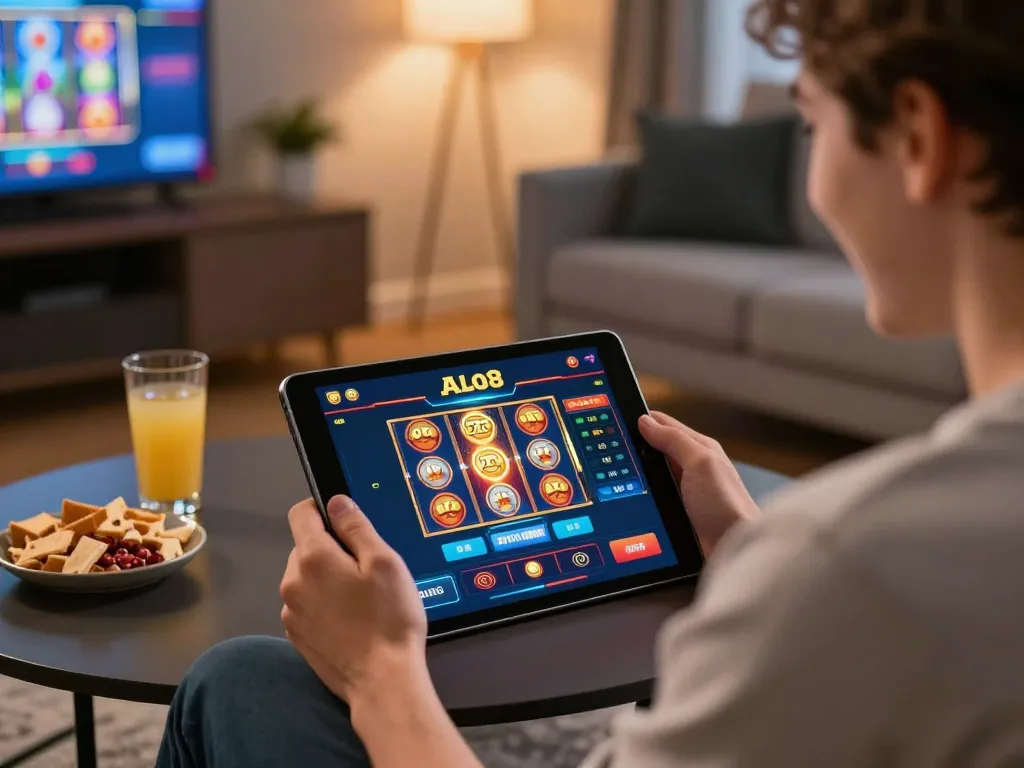 Player enjoying ALO8 slot games on tablet in cozy home setting.