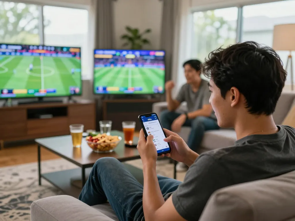 Xoilac app user engaged in live sports betting with smartphone on cozy sofa