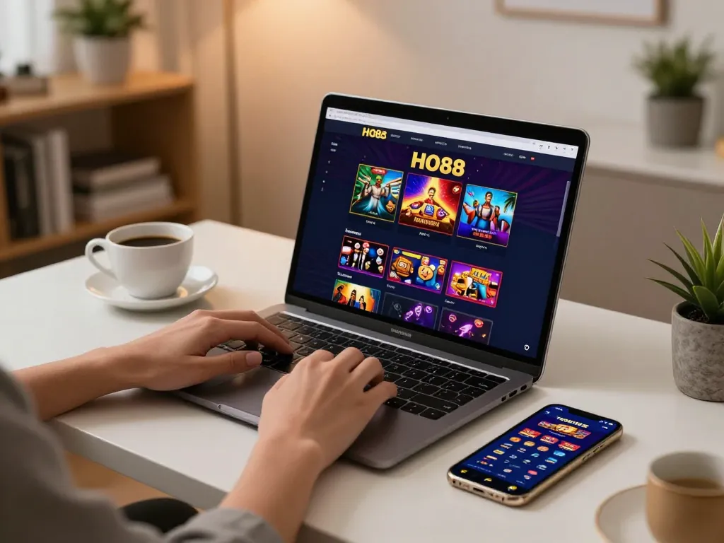 Engaging online gambling scene showcasing HO88 platform on a laptop with a cozy home setup