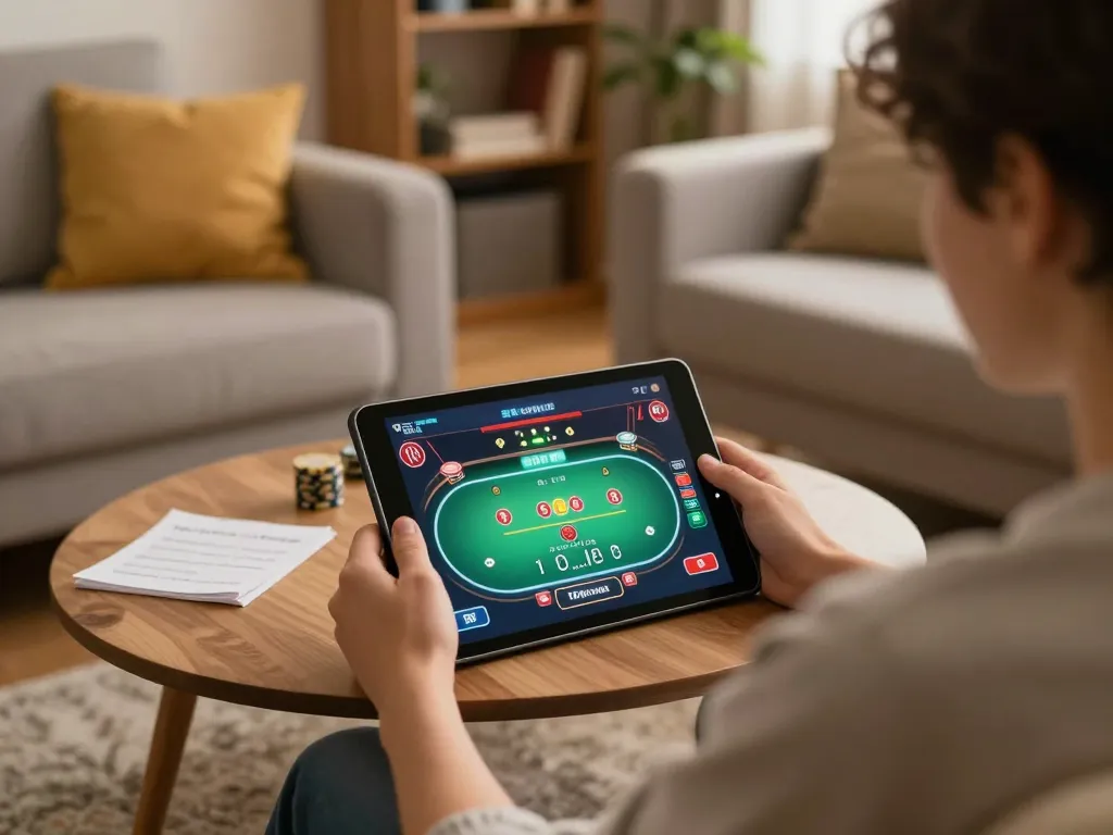 Bay789 player strategizing with poker gameplay on tablet in a cozy home setting