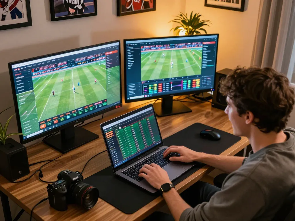 Engaging moment of a player using the MMOO platform for sports betting at home, checking live odds and placing bets.