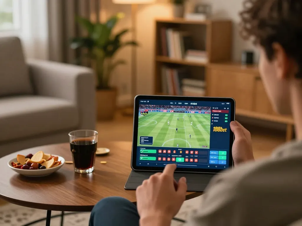 Engaging in online sports betting on 188bet, showing live match display and comfortable home setup.