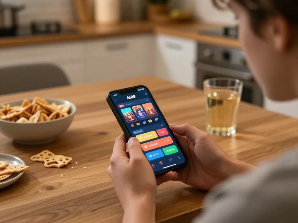 Player engaging with ALO8 app on smartphone for online gambling while enjoying a snack.