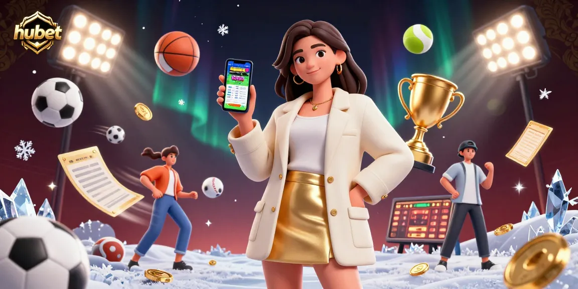 Engage in hubet sports betting with dynamic visuals of an Asian woman using a betting app in a vibrant atmosphere.