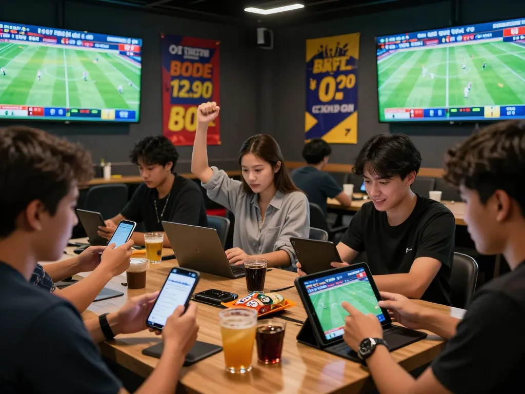 Engaging environment of a web cá độ bóng đá lounge with diverse bettors analyzing games and placing bets.