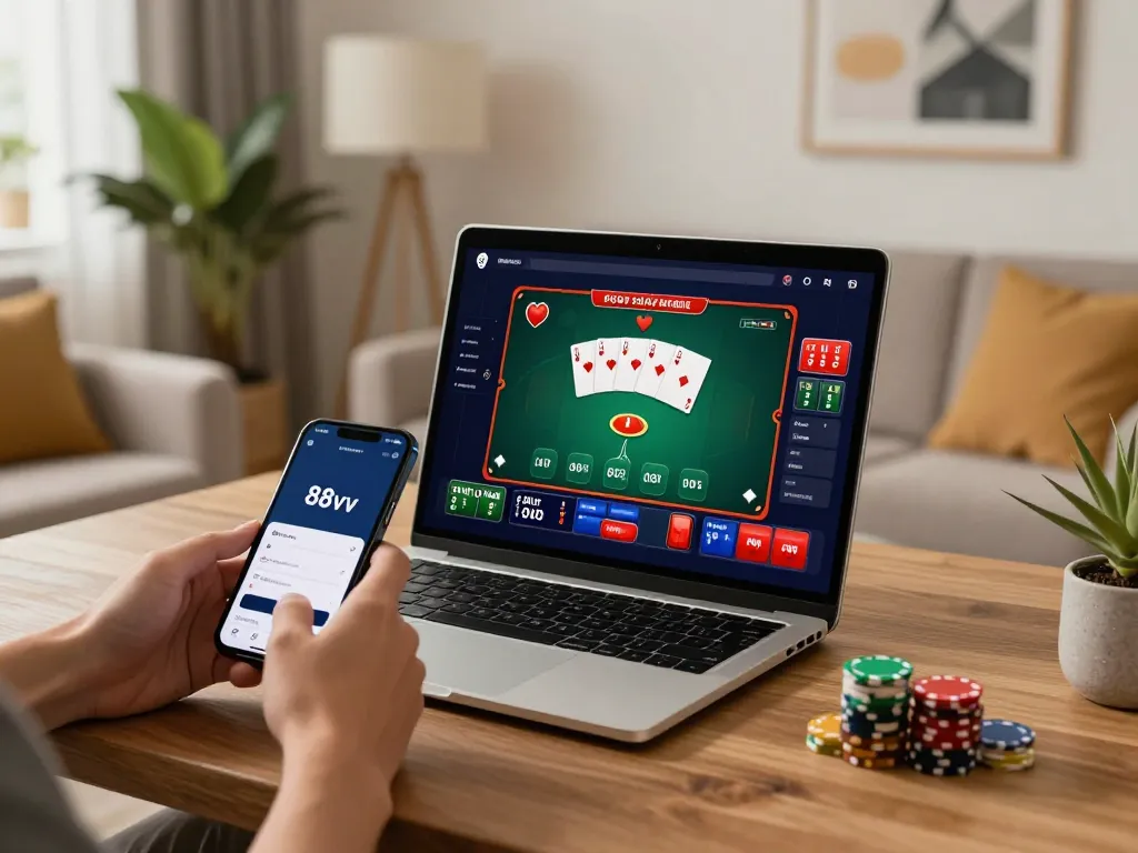 Engaging online gaming scene with 88vv poker interface showing strategy in play, relaxed atmosphere.
