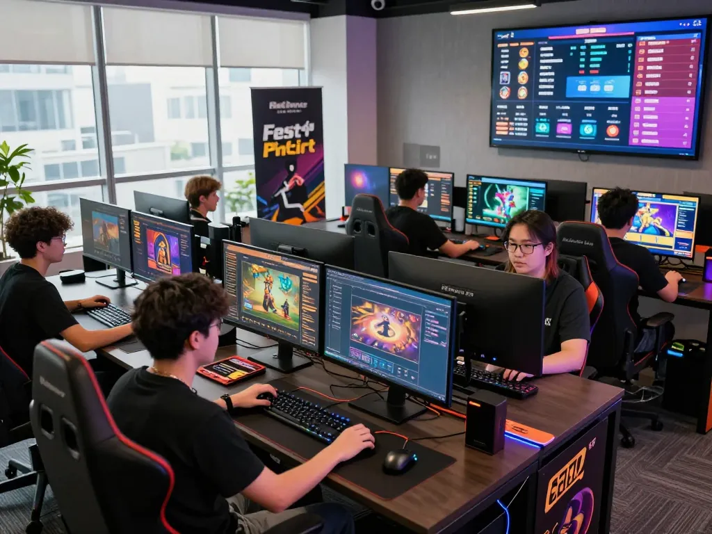 88aa gaming team collaborating in a modern digital workspace, showcasing vibrant game graphics and promotional materials.