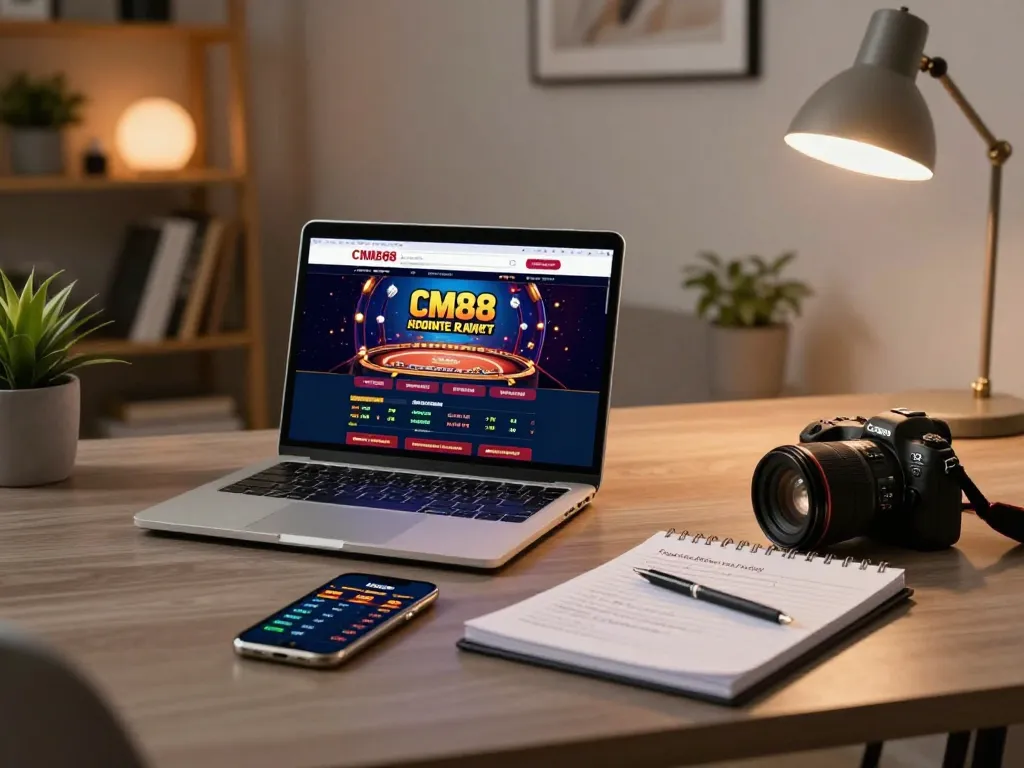 Engaged gambler using laptop for CM88 online casino with strategy notes on the table.