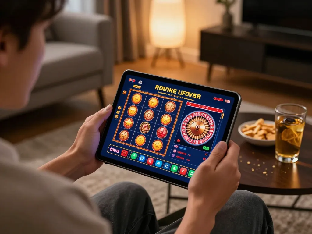 Engaged player enjoying online casino games at home using nhà cái 99ok on tablet, showcasing interactive gameplay