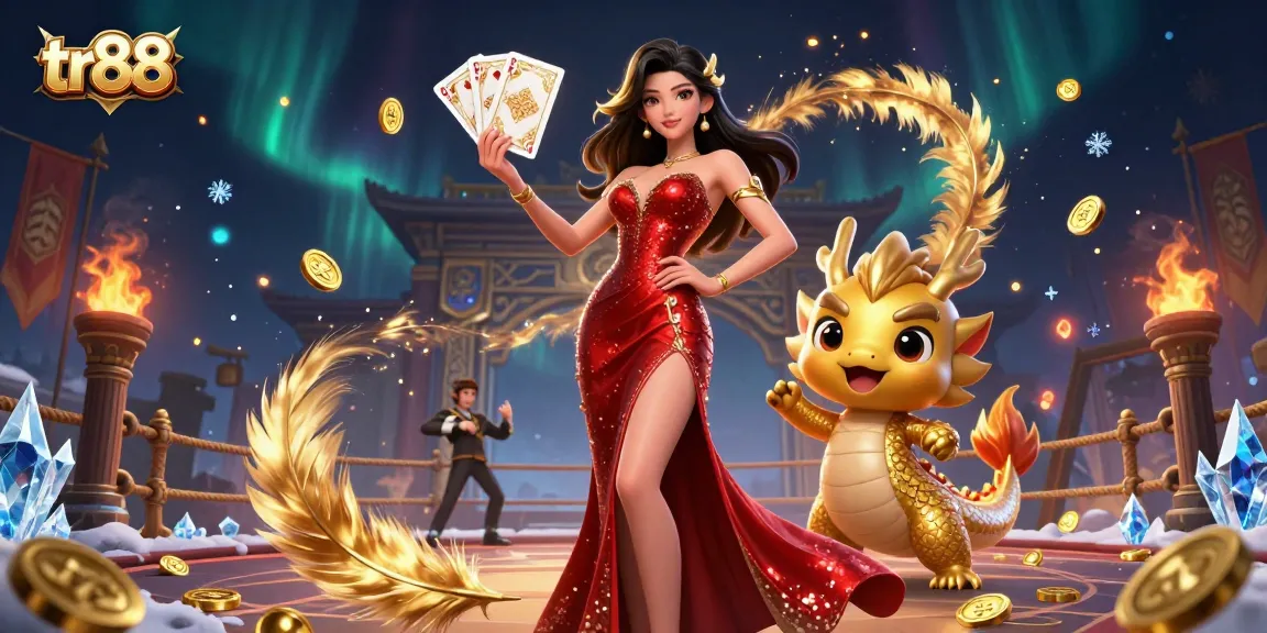 Experience the thrilling action with tr88, featuring vibrant 3D illustration of casino elements and a charming Asian dazzler.