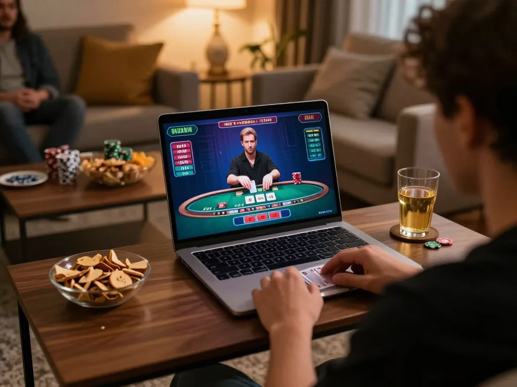 Play live dealer blackjack on hm88 in a cozy home setting with snacks and drinks.