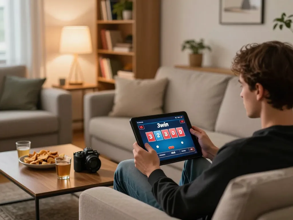 Player enjoying poker at home through the 3win app, showcasing a cozy and engaging gaming atmosphere.