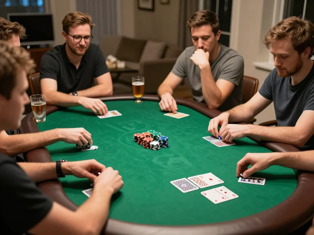 Friends engaged in a lively poker game, showcasing social interaction at home with cakhiatv capital strategy insights.