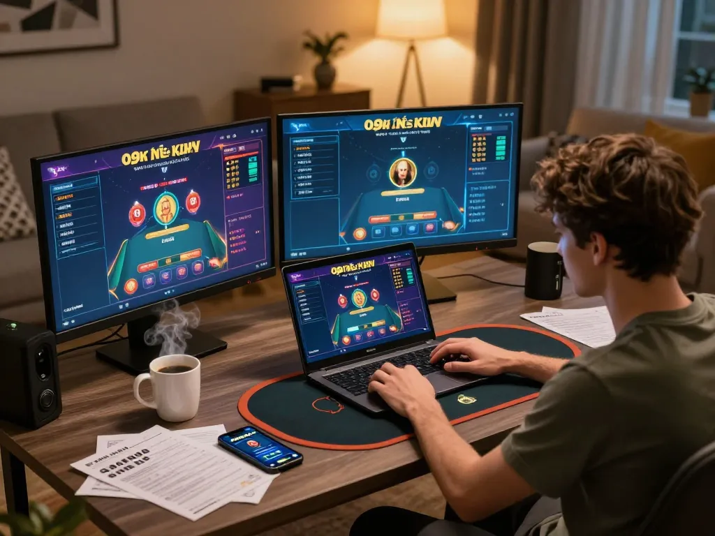 Play exciting online poker with 79king while enjoying a cozy gaming setup, showcasing strategy notes and vibrant interfaces.