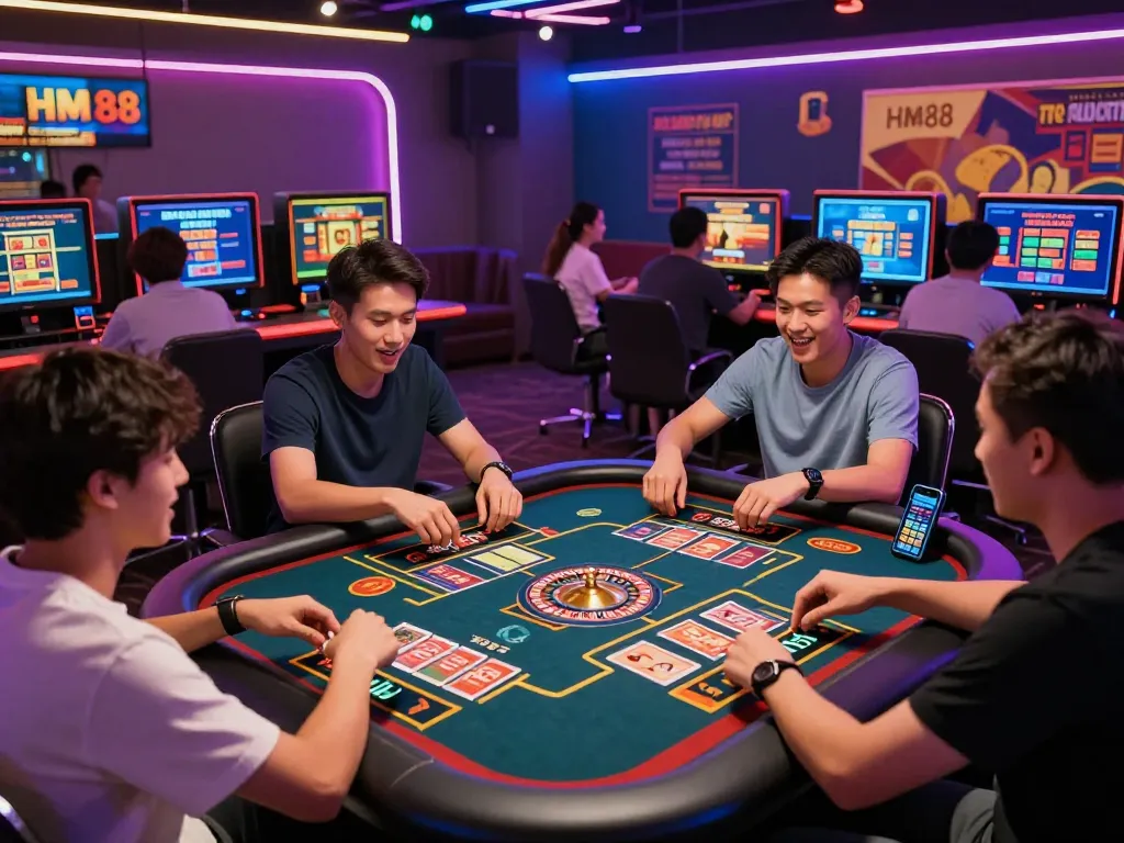 Players enjoying HM88 online gaming with vibrant roulette table and interactive atmosphere.
