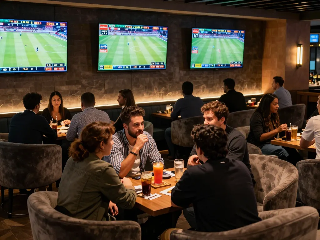 Engaged bettors analyzing odds and placing wagers at 89bet sports betting lounge.