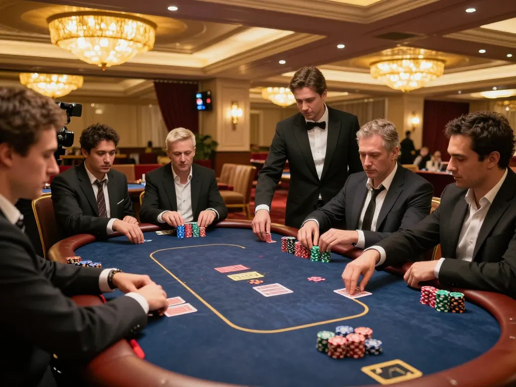 X88 players engaging in a high-stakes poker game at an upscale casino with a luxurious ambiance.