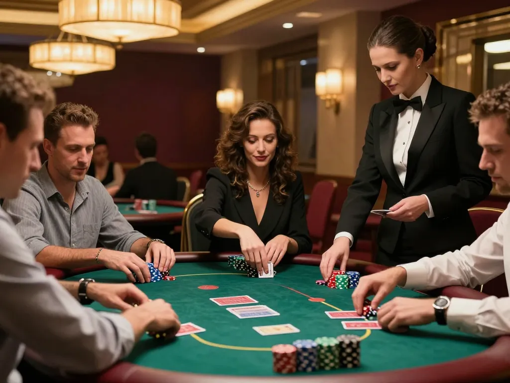 HZ88 poker game in a luxurious casino showcased with players engaged in intense gameplay, chips, and cards visible, emphasizing excitement.