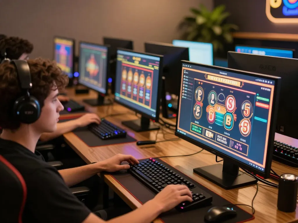 Engaging scene of F168 online gaming setup with multiple screens showcasing casino games.