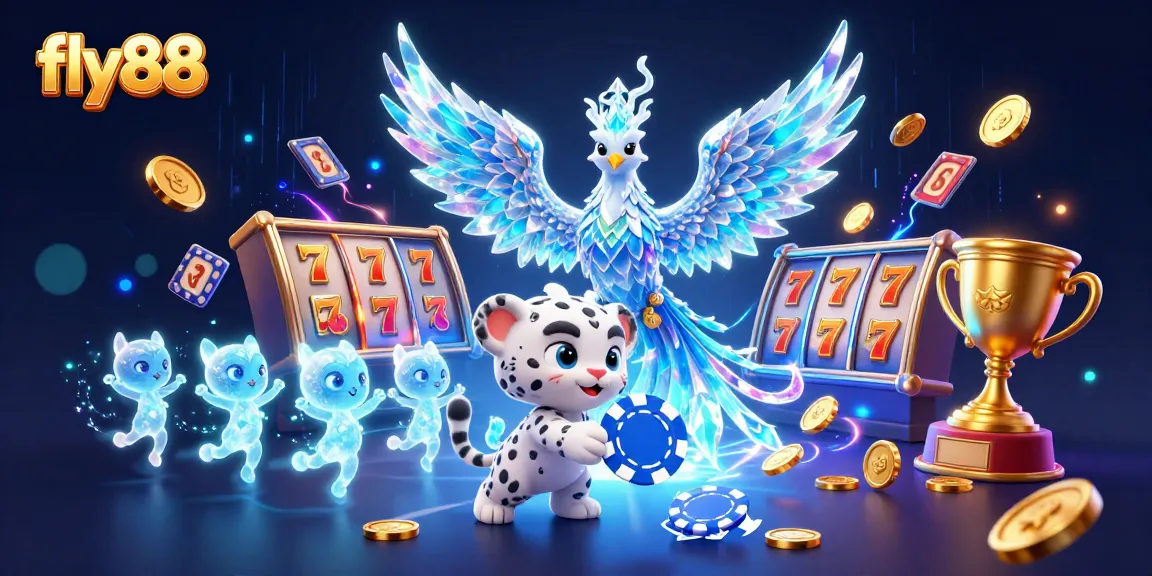 Spin the reels with fly88's colorful characters and magical elements in a vibrant casino scene.
