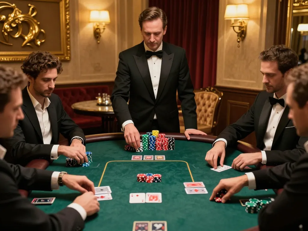 Engaged players strategizing at a debet poker table in a luxurious casino environment.