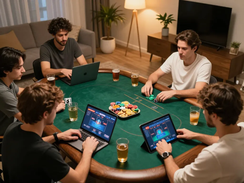 33win players strategizing in an engaging online poker game setup at home.