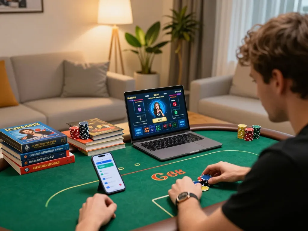 Engaging online poker gameplay on Trang chủ DU88 with vibrant strategy books and cozy living room setting