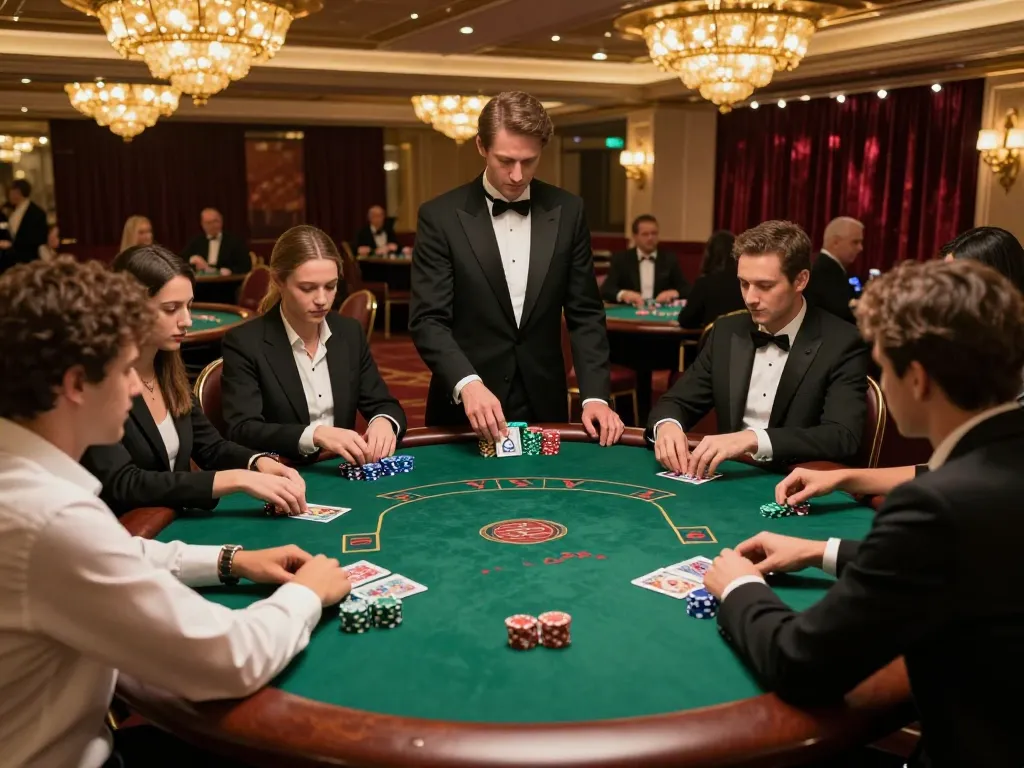 High-stakes gameplay in a luxurious casino at 88club with attentive players around a poker table.