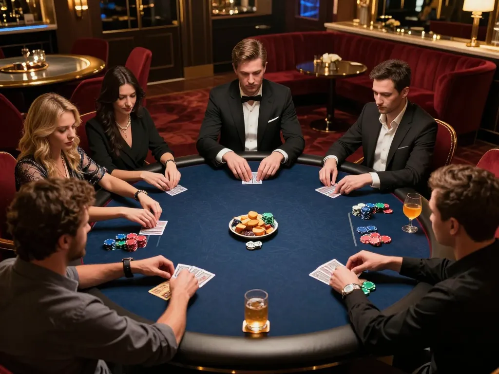 Intensely focused players strategizing in a high-stakes game at Luck8 com's exclusive gaming lounge.