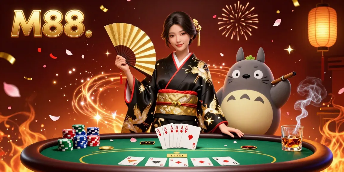 M88 players winning poker hands at a festive casino table, celebrating with ornate decorations and vibrant colors.