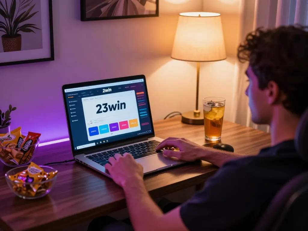 Player engaging with the 23win online casino interface in a cozy home setting.
