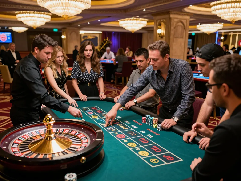 Players engage in strategic betting at GK88's lively roulette table in upscale casino setting