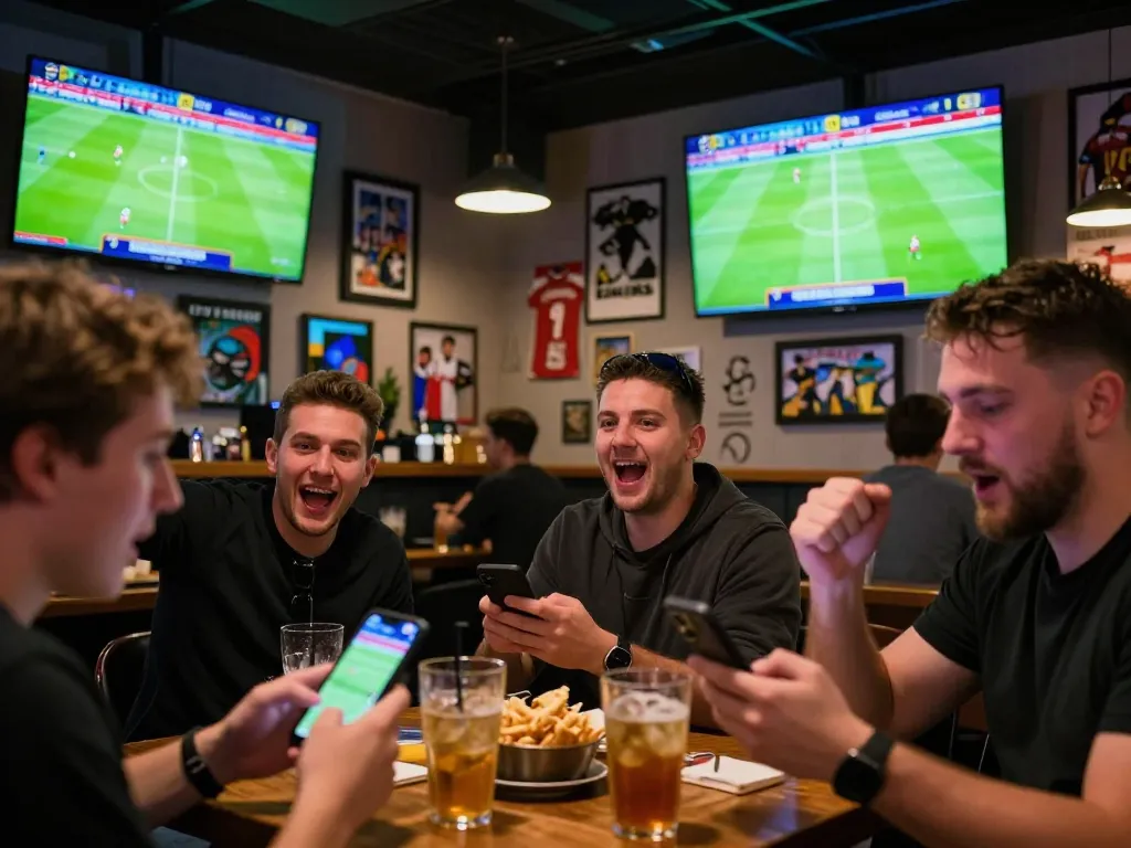 Fans analyzing tỷ lệ kèo cúp C1 while enjoying a live match at a vibrant sports bar.