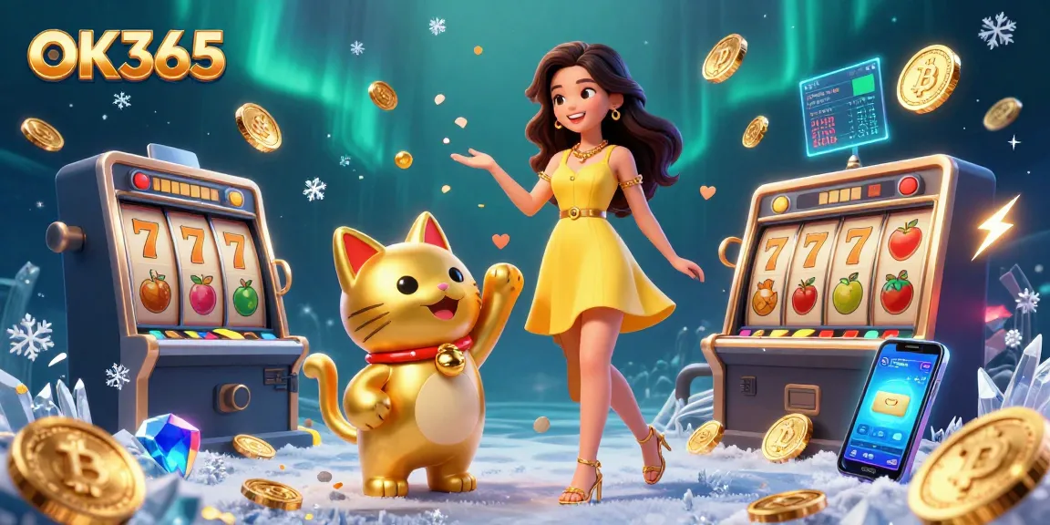 Engage with OK365's thrilling online casino experience featuring vibrant game elements and a cheerful mascot.