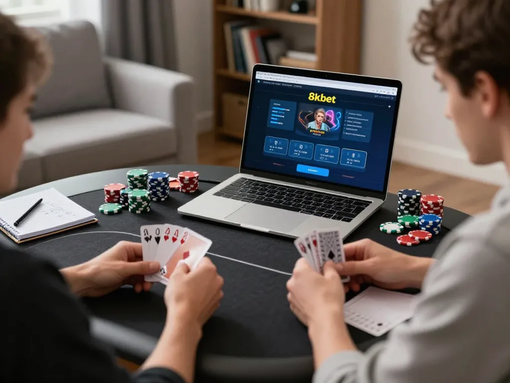 Player engaged in an online poker game at home, showcasing 8kbet strategy notes and gaming setup.