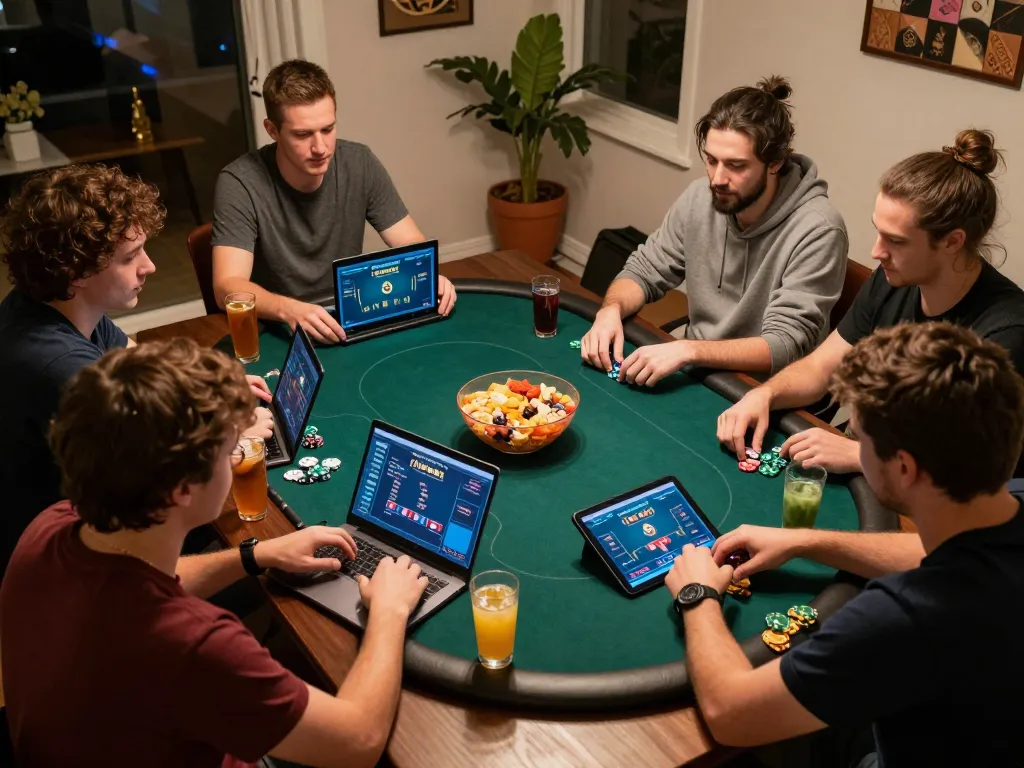 Engaging poker session at home, showcasing players using JUN88 screens with dynamic betting action.