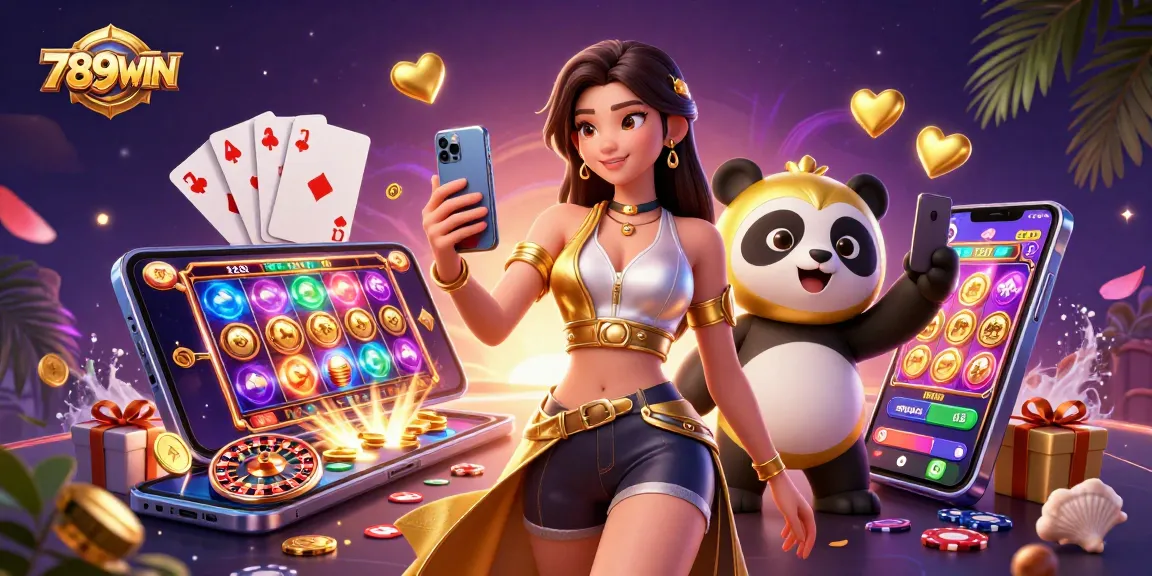Experience thrilling slot games with 789WIN as a stylish Asian woman celebrates with a golden panda mascot.
