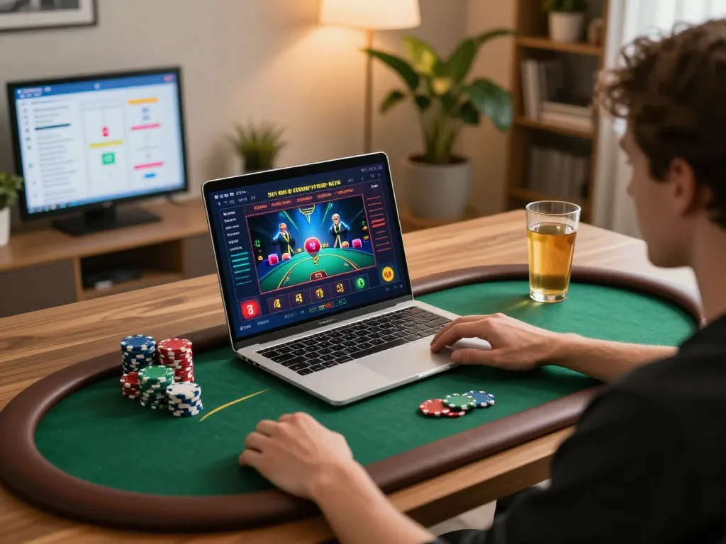Engaging in online gaming at home with com open on laptop showing casino interface and notes